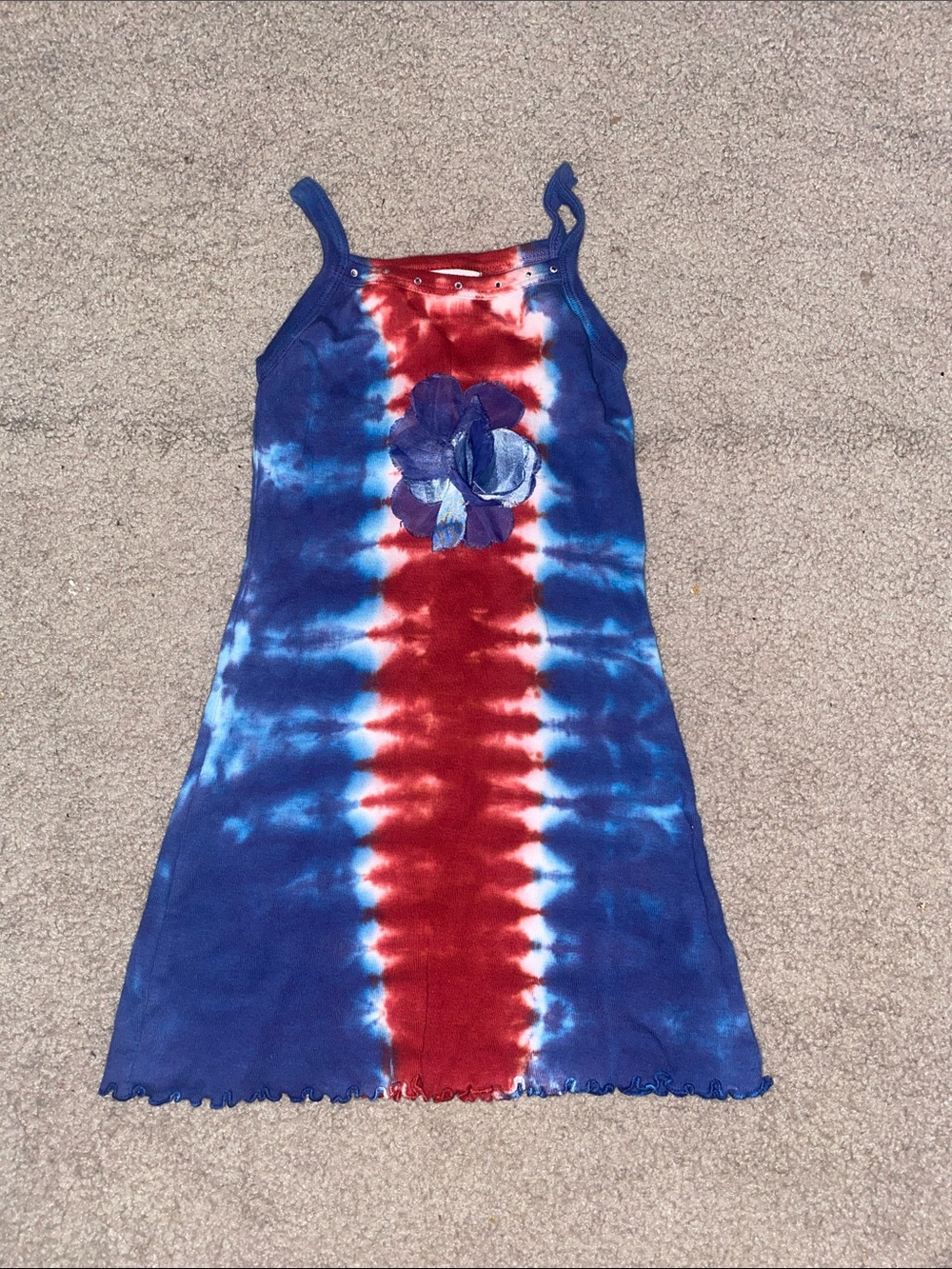 Blue and Red Tie-Dye Girls' Tank Dress with Flower Accent